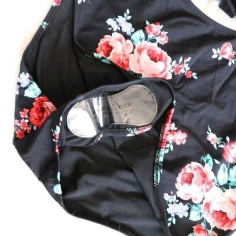 NWT Black Floral Printed One Piece Size Medium Wrap Cutout Bathing Suit - Picture 5 of 10